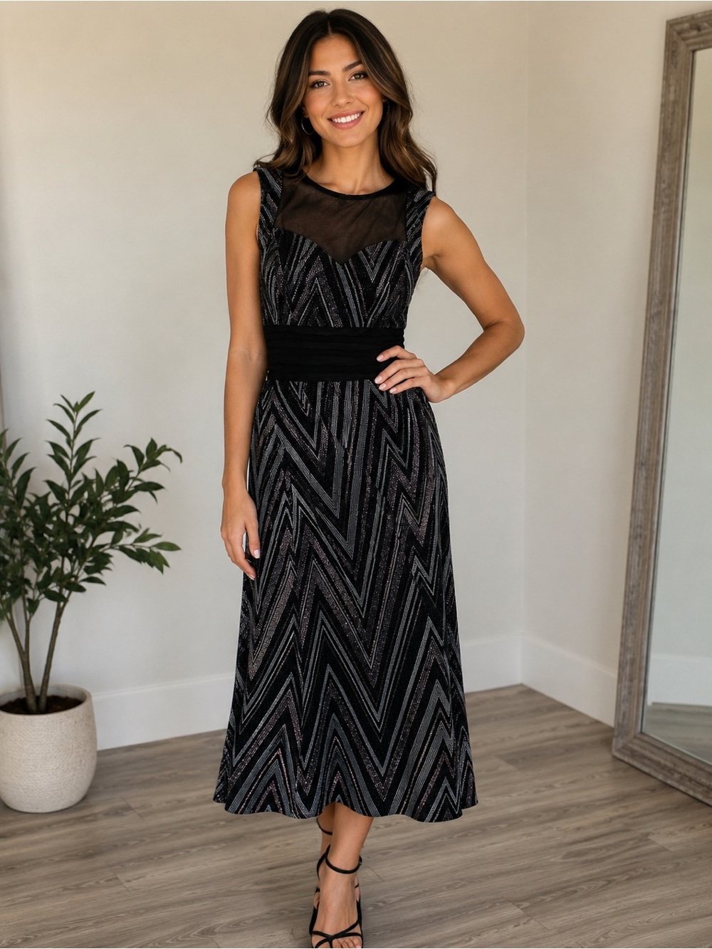 Alexa B Nites Size 4 Black Metallic Chevron Maxi Dress Formal Evening Gown